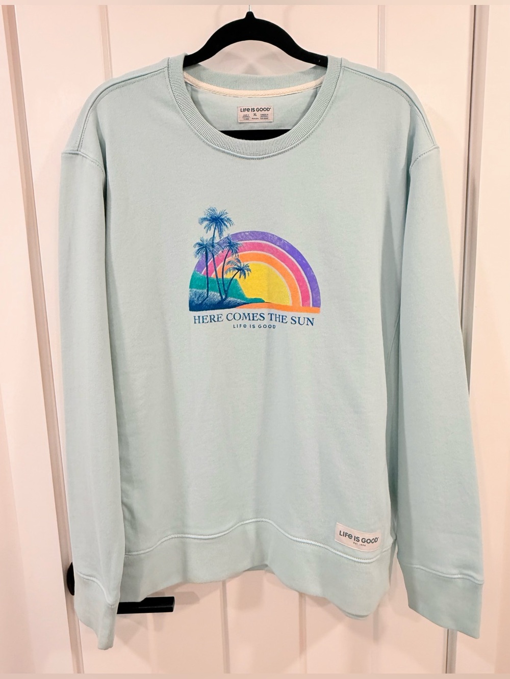 Life Is Good Retro Light Blue Crewneck 'Here Comes The Sun' Graphic Sweatshirt